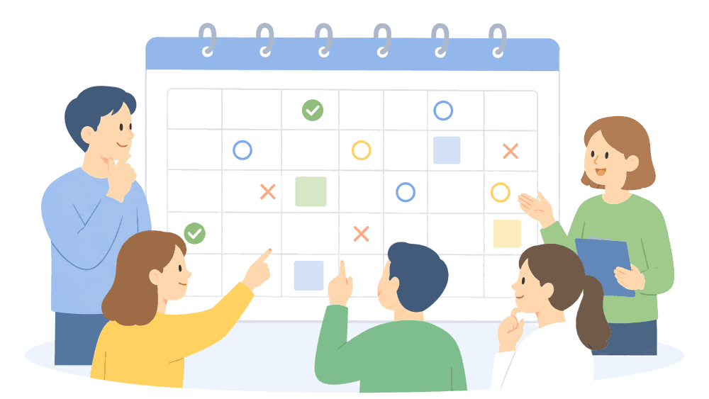 カレンダーを囲みながら予定を相談しているイラスト